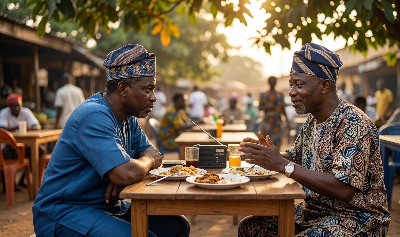Two Nigerian men having a serious conversation over lunch